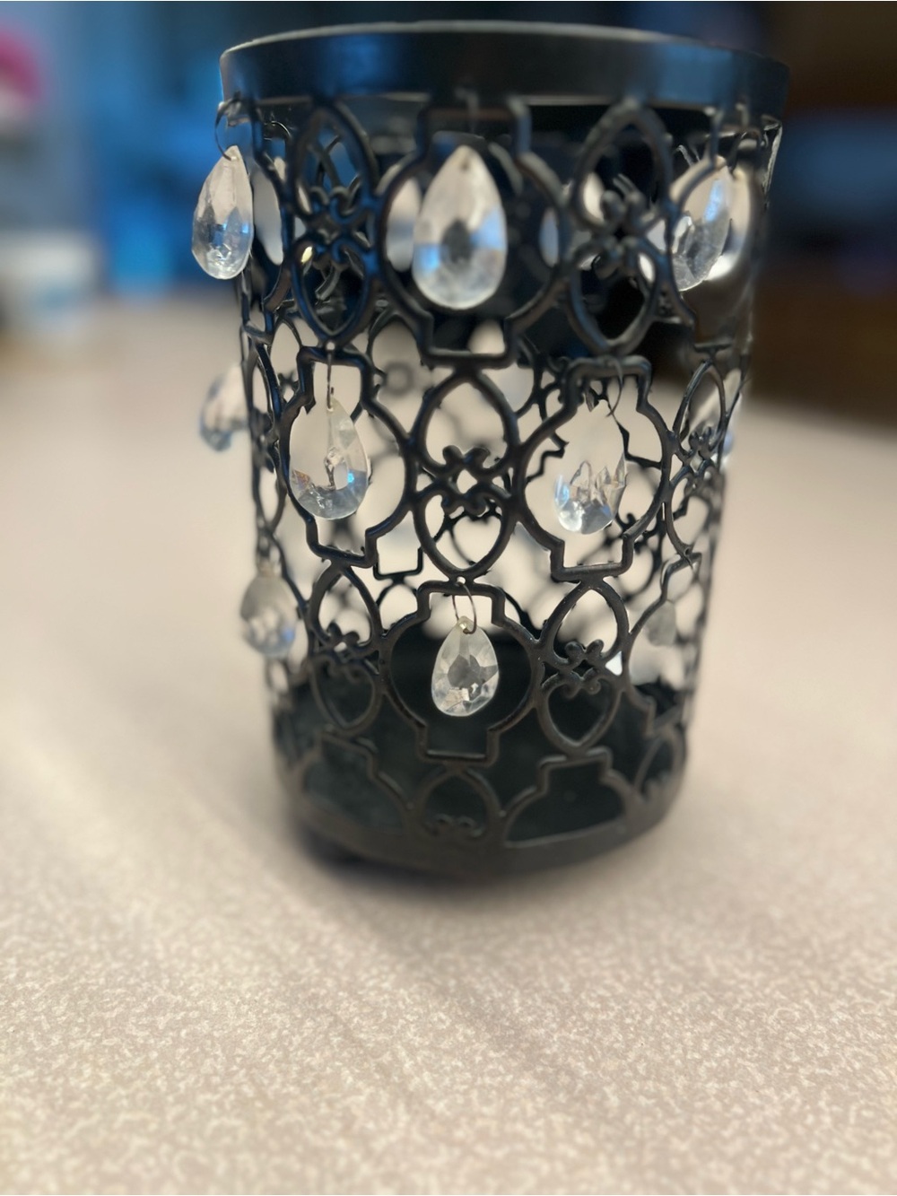 Elegant Black Metal Tealight Holder with Crystal Droplets